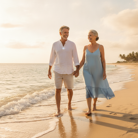 A happy older couple walking barefoot along a sunny beach at the waters edge, comfortable healthy feet in the sand