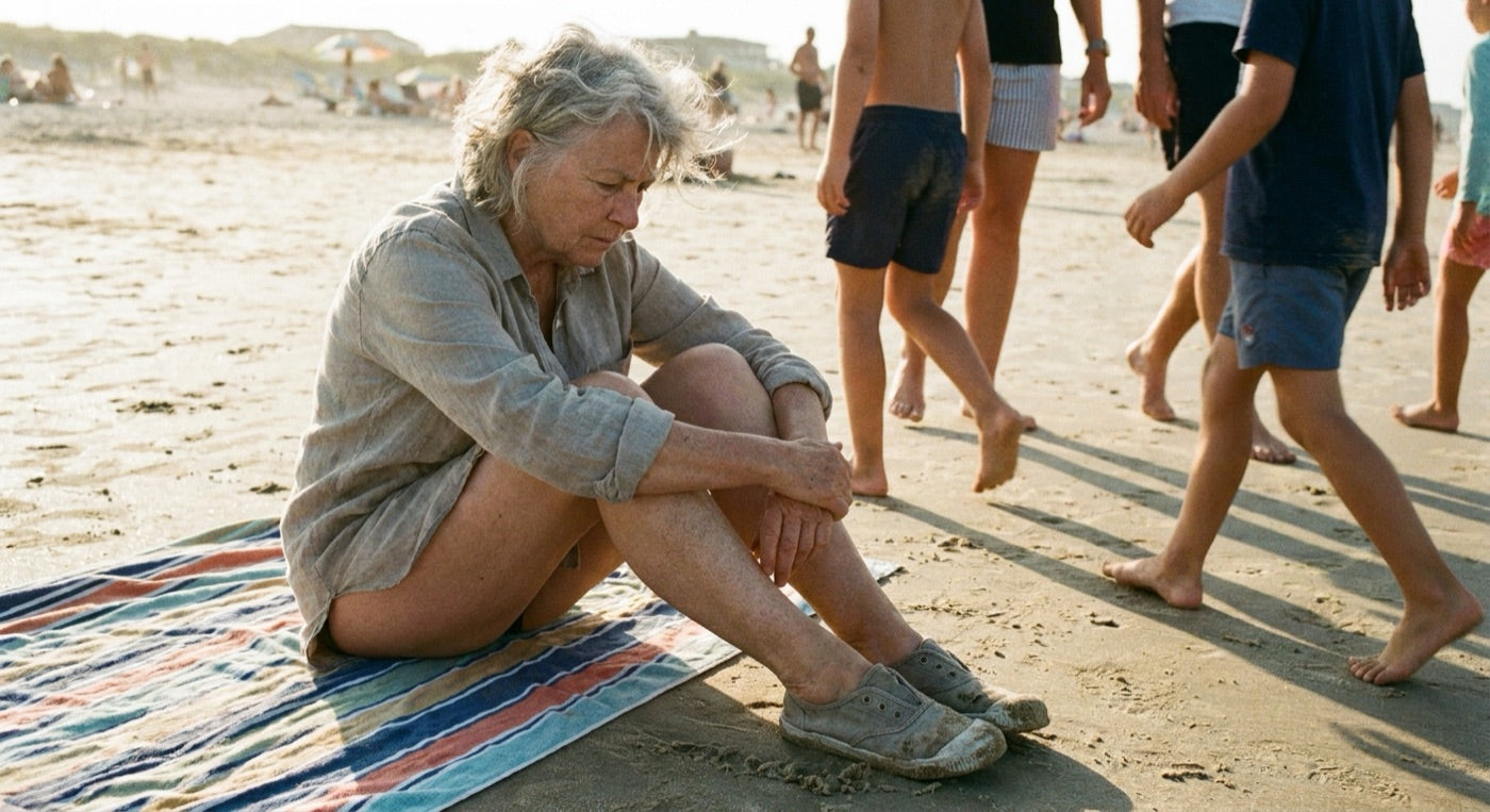 Woman keeping her shoes on at the beach while others walk barefoot