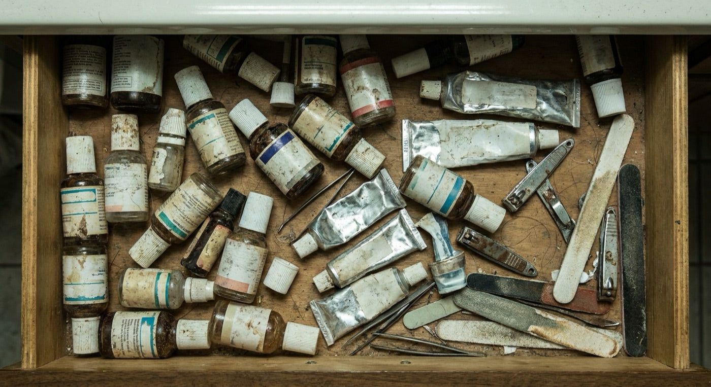 Bathroom drawer full of half-used nail products