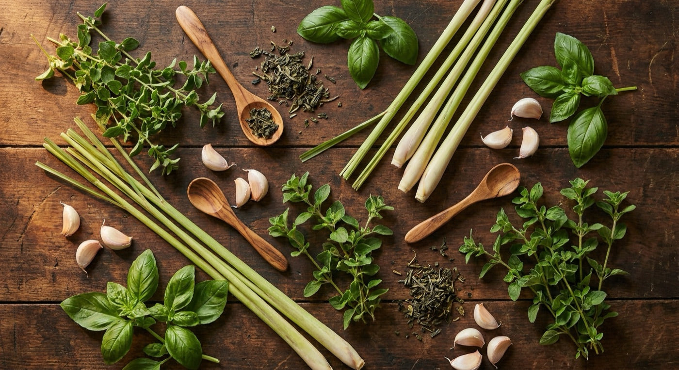 Oregano, basil, lemongrass, garlic and green tea arranged on wood