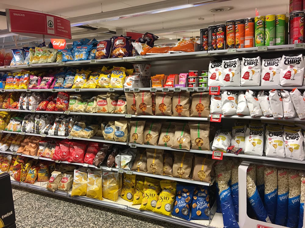 Packaged snacks on a store shelf