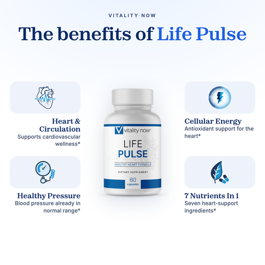 Life Pulse benefits: heart and circulation, healthy blood pressure, cellular energy, seven heart-support nutrients