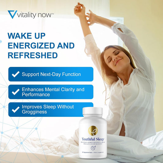Youthful Sleep supplement, wake up energized and refreshed: supports next-day function, mental clarity and performance, and sleep without grogginess