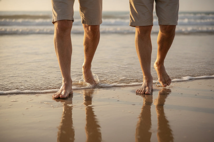 A happy older couple walking barefoot along a sunny beach at the waters edge, healthy comfortable feet in the sand