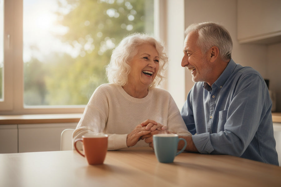 A senior couple laughing together over morning coffee at a bright kitchen table
