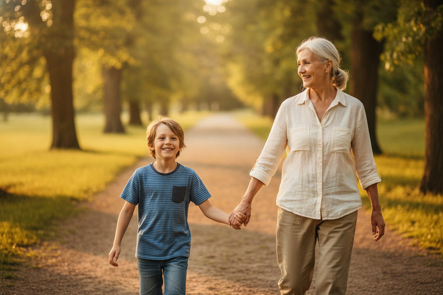 A grandparent walking hand-in-hand with a grandchild along a park path at golden hour