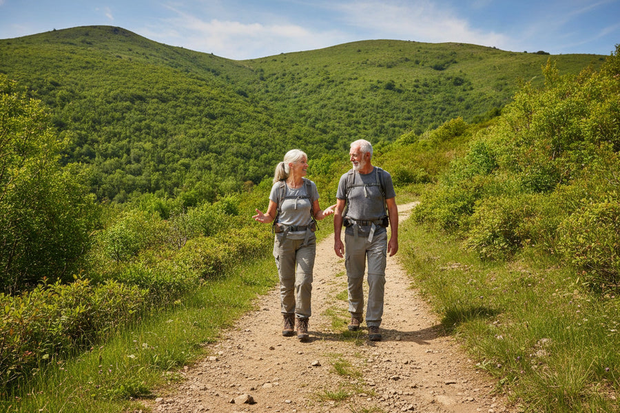 An active senior couple hiking together on a vibrant green mountain trail