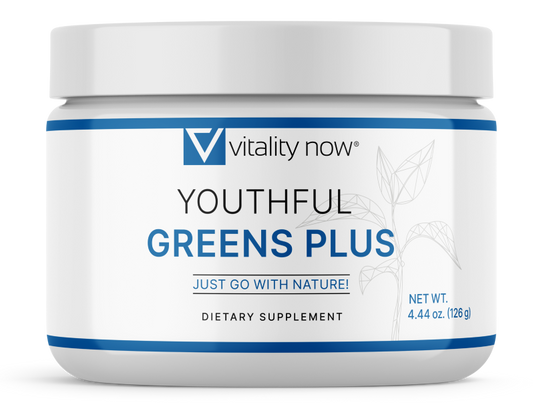Youthful Greens Plus supplement by Vitality Now - bottle front