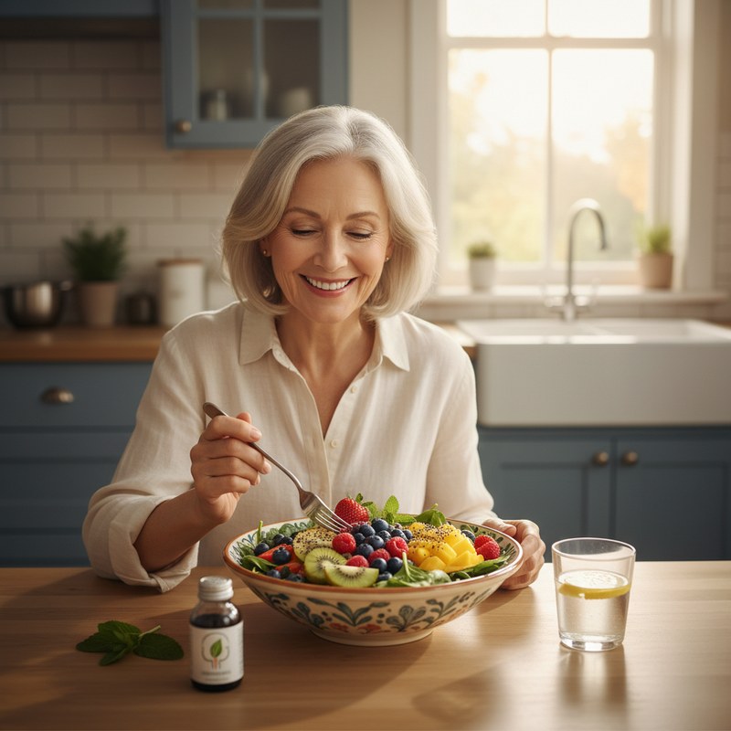 Smiling older woman enjoying a healthy breakfast bowl of fruit at her kitchen table