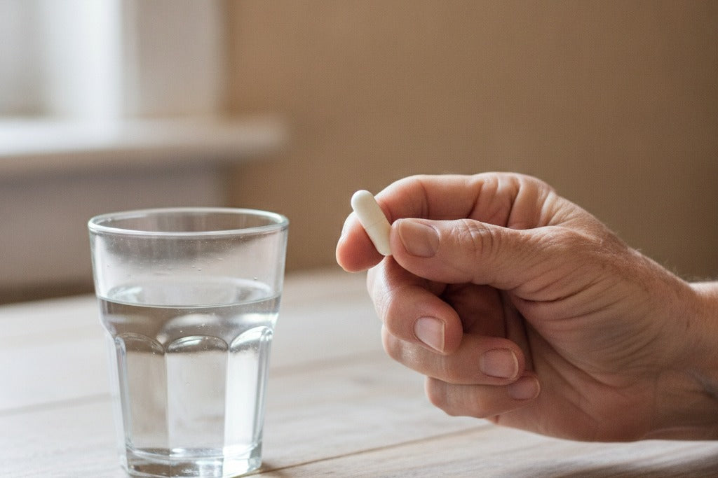 Close-up of an older adult's hands holding a supplement capsule next to a glass of water