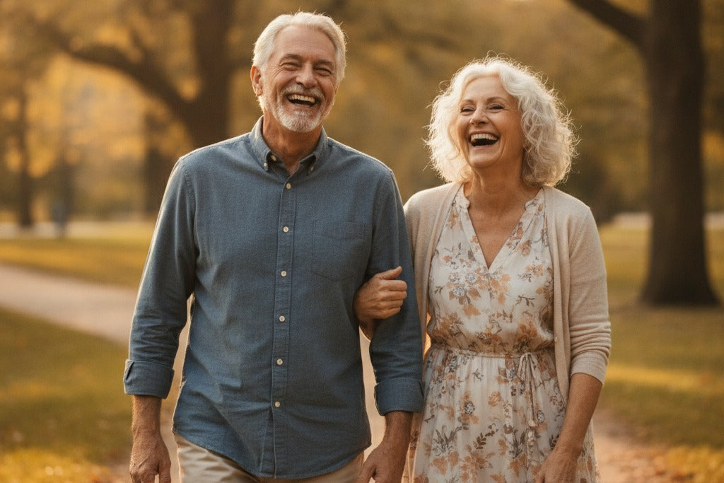A senior couple walking outdoors together, laughing in the golden hour light