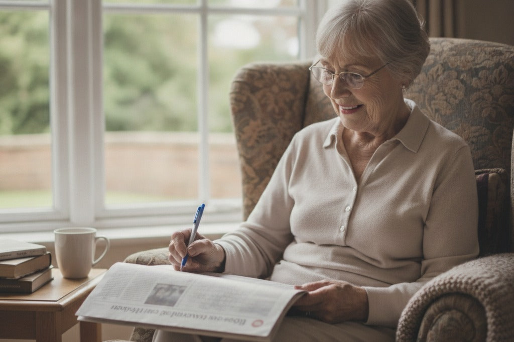 An older woman smiling while doing a crossword puzzle at home