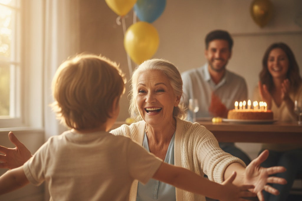 A grandmother embracing her grandson at a birthday party
