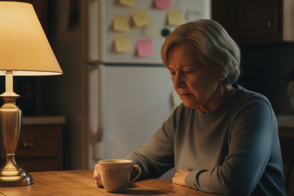 An older woman sitting alone at her kitchen table at night, with sticky note reminders visible on the refrigerator behind her