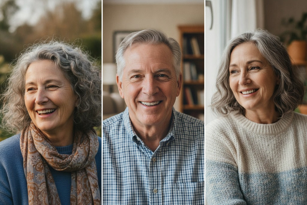 Collage of three smiling older adults in everyday settings
