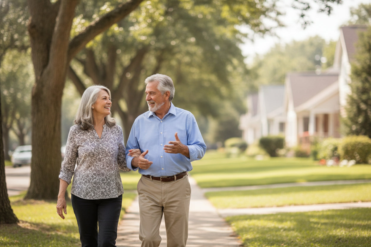 An older couple walking outdoors, mid-conversation
