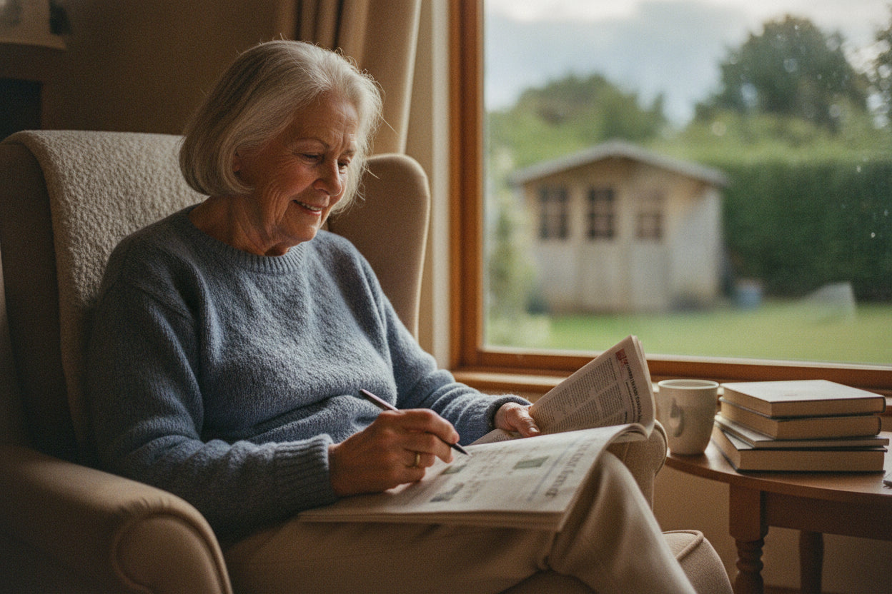An older adult doing a crossword puzzle by a bright window