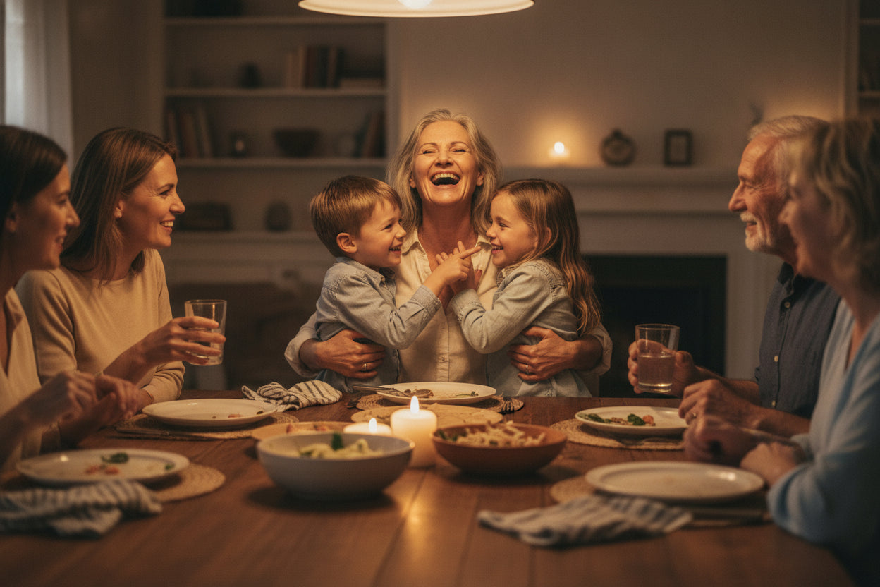 Multi-generational family gathering around a dinner table
