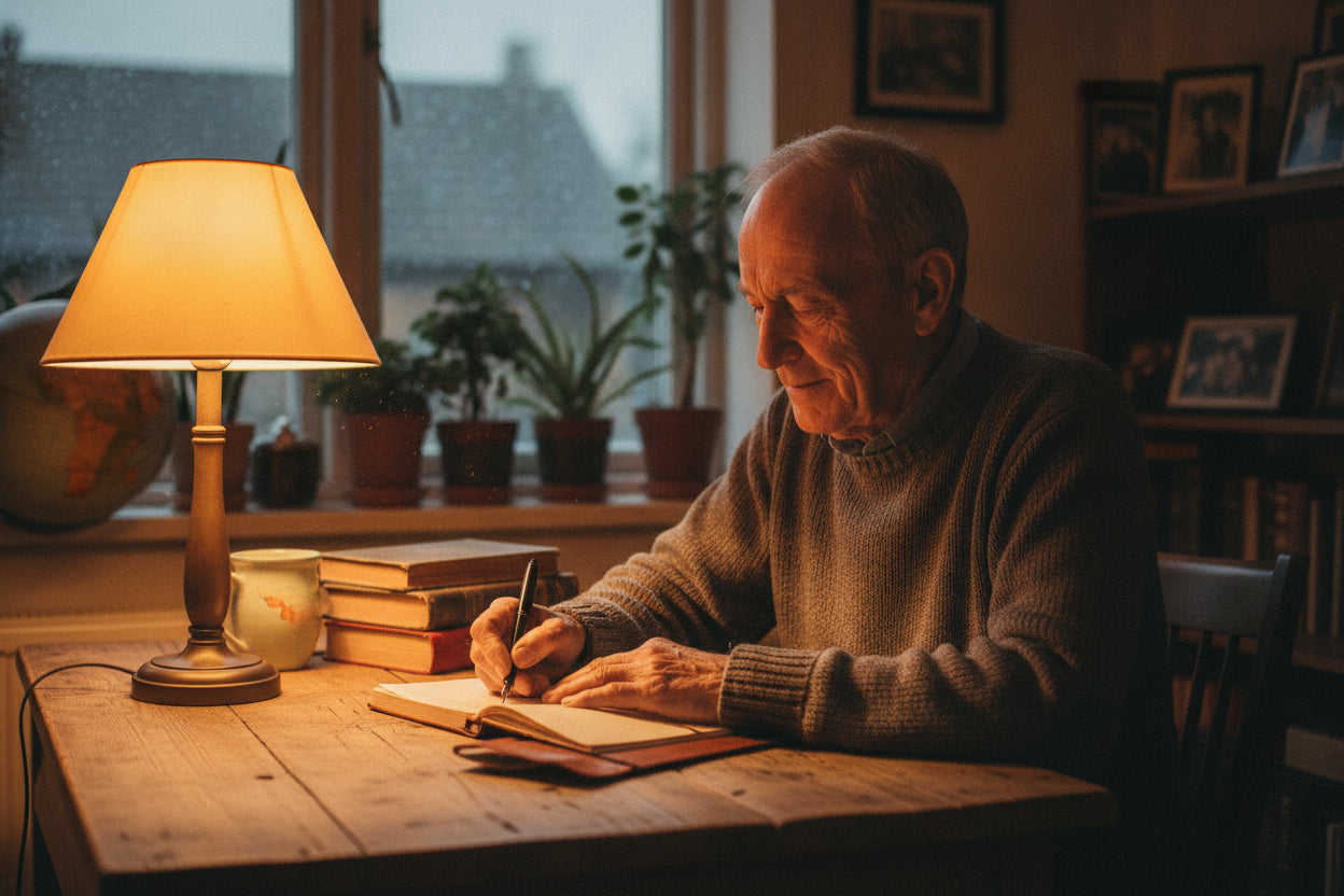An older adult writing a letter at a desk
