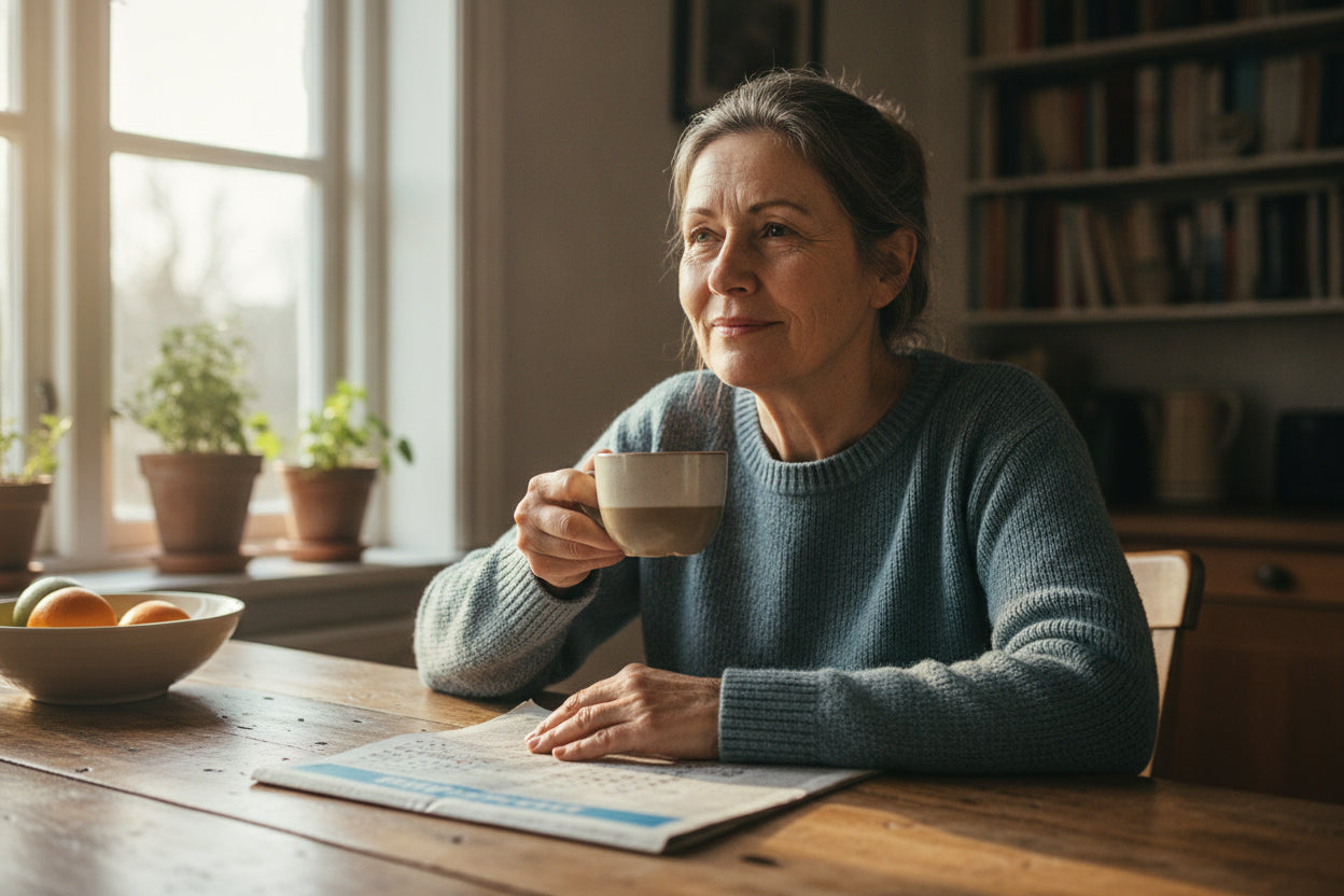 A man in his early 60s sitting at a sunny kitchen table, caught mid-thought