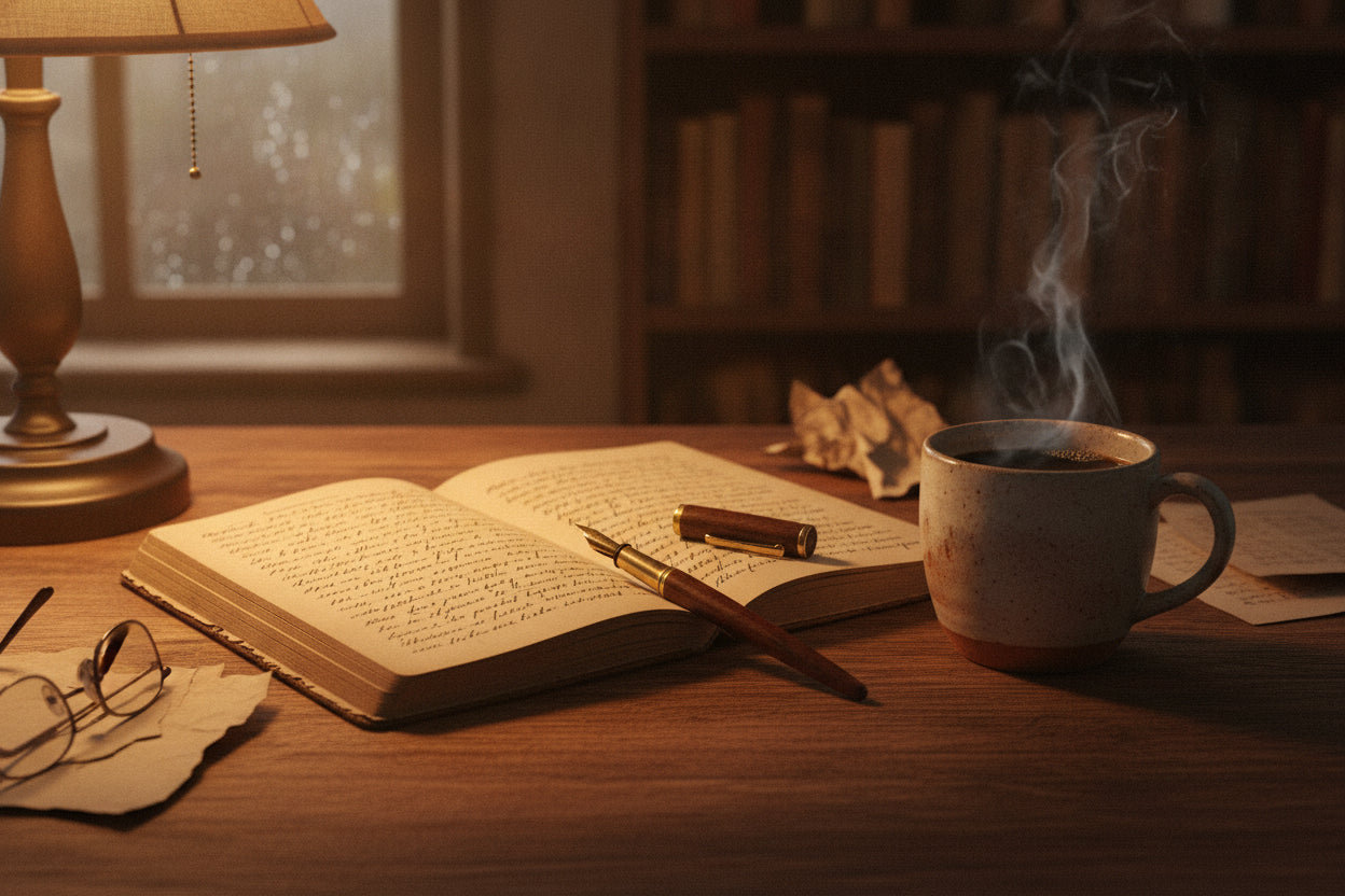An open handwritten notebook and a mug of coffee under warm lamp light on a wooden desk