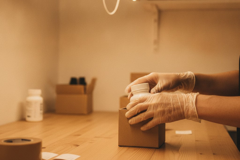 Hands packaging supplement bottles in a clean, small production setting