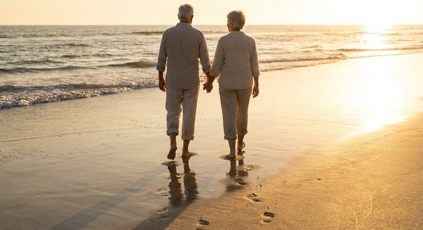 Older couple walking barefoot on the shoreline at sunset