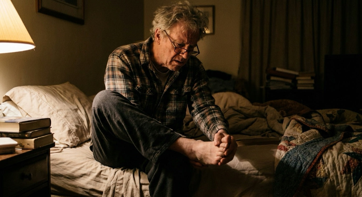 Man examining his foot with a worried expression at night
