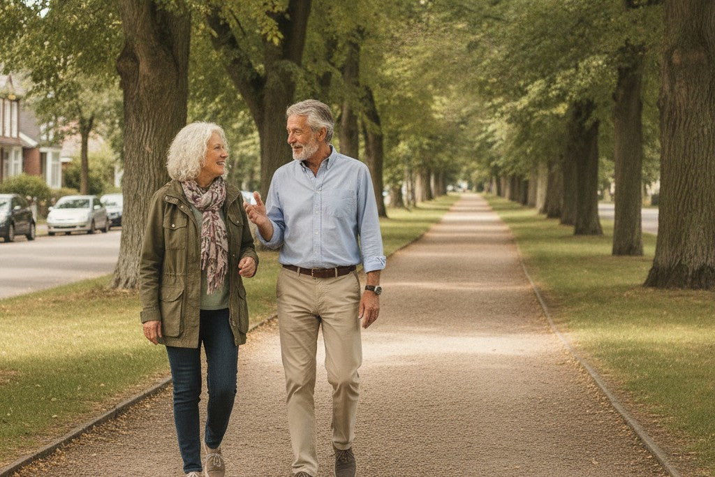 Happy senior couple walking outdoors