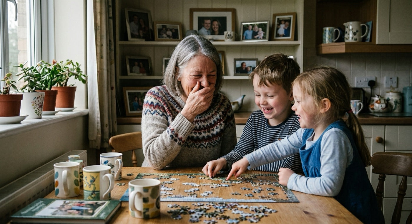 Grandmother laughing with her grandchildren over a puzzle