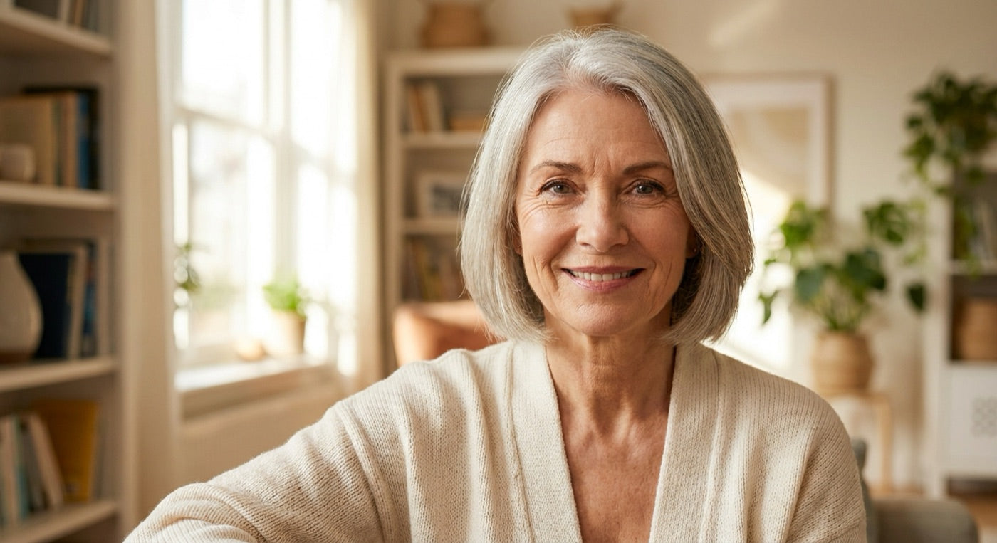 Radiant woman in her early sixties smiling