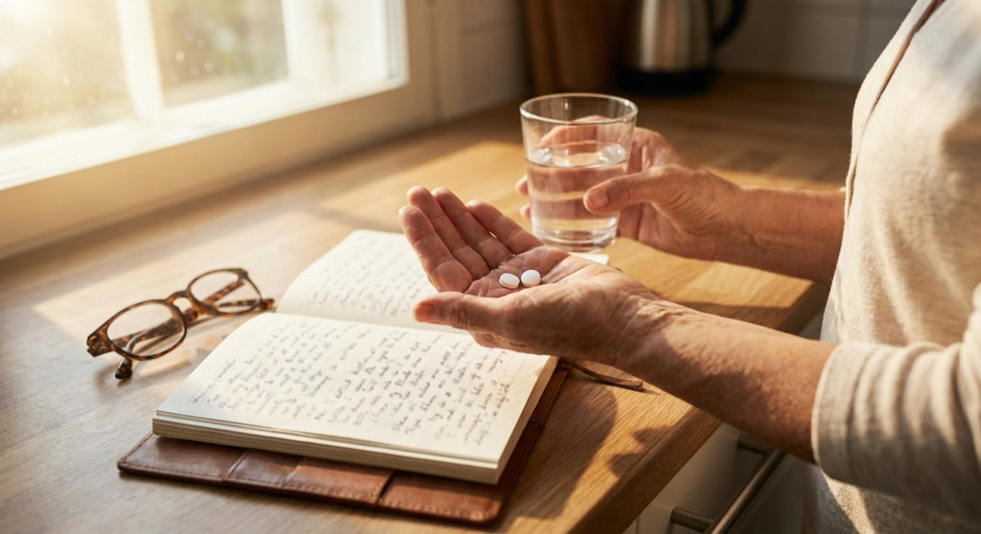 Woman taking two small tablets with water in the morning