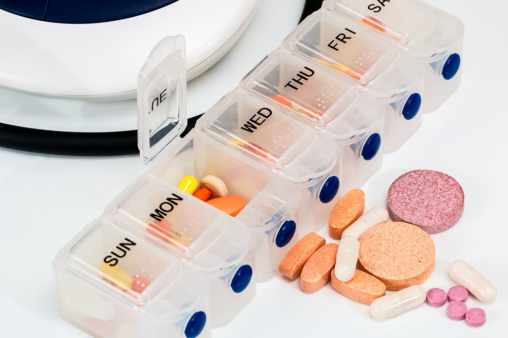 A week of prescription pills in an organizer